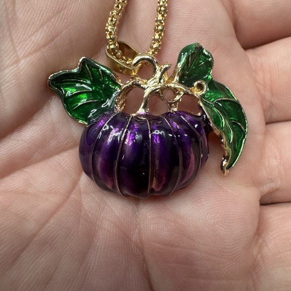 Betsey Johnson Jewelry - Betsey Johnson Pumpkin Brooch Pendant Necklace Purple Green Fall